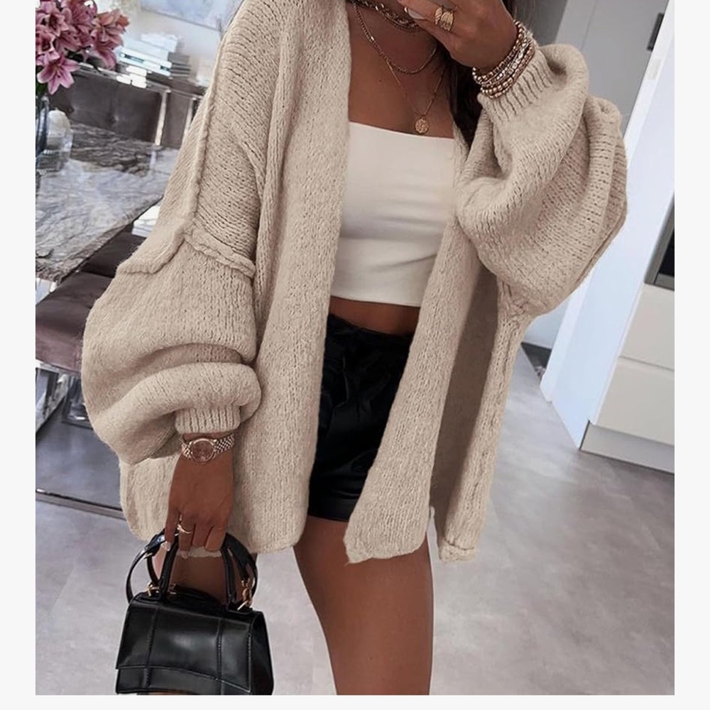 Grey Beige Open-Front Balloon Sleeve Women's Cardigan Sweater